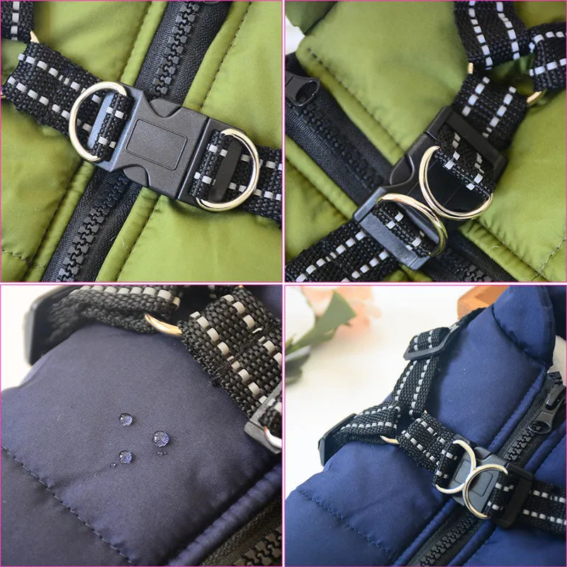 Red waterproof dog coat with harness access opening for winter weather protection