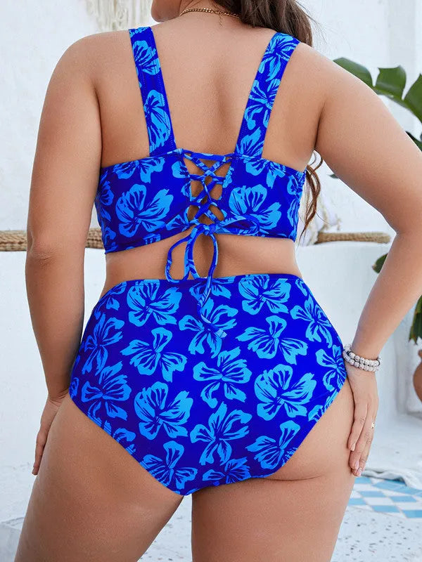 Blue floral print split bikini swimsuit set for women, sizes 0XL to 4XL.