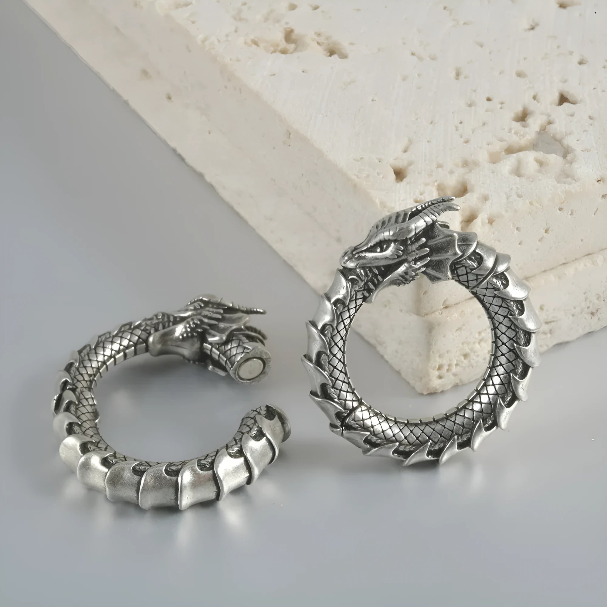 Large hollow out geometric dragon shape earrings in antique silver colour