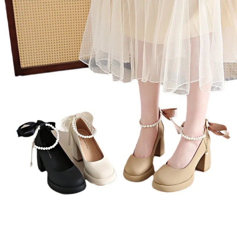 Women's Mary Jane shoes beige chunky heel pearl decoration round toe ankle strap