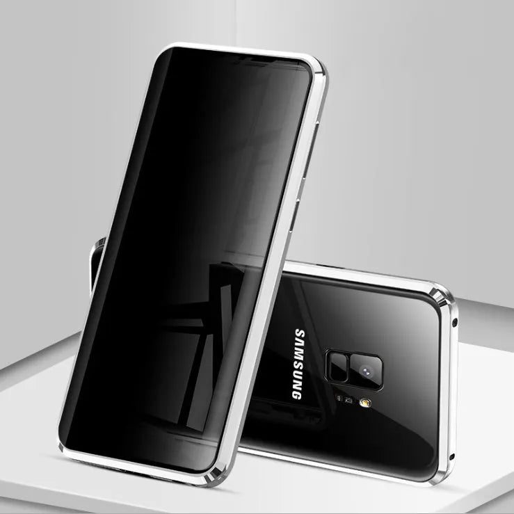 Black anti-peeping magnetic clamshell phone case for Samsung Galaxy S21 Ultra shown open and closed.
