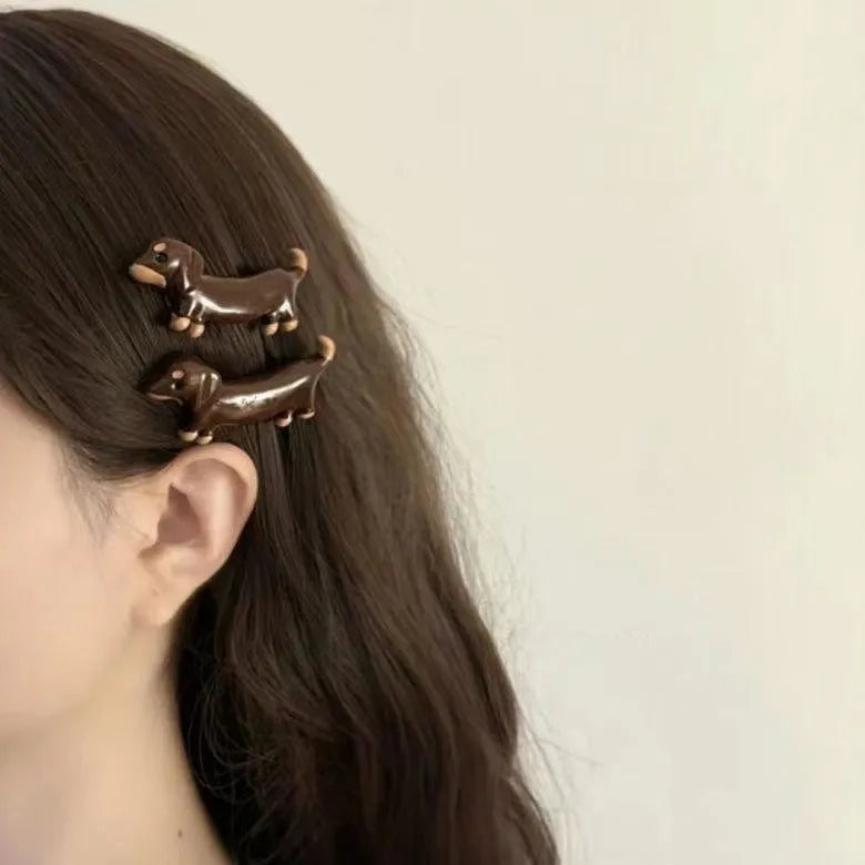 Cute dachshund dog barrettes with electroplated finish, mixed material, unisex design, loose delicate shape
