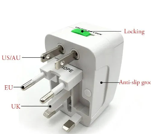 Compact white universal travel plug converter for global charging.