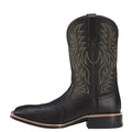 Men's black embroidered Western cowboy boots with wide square toe and low heel.