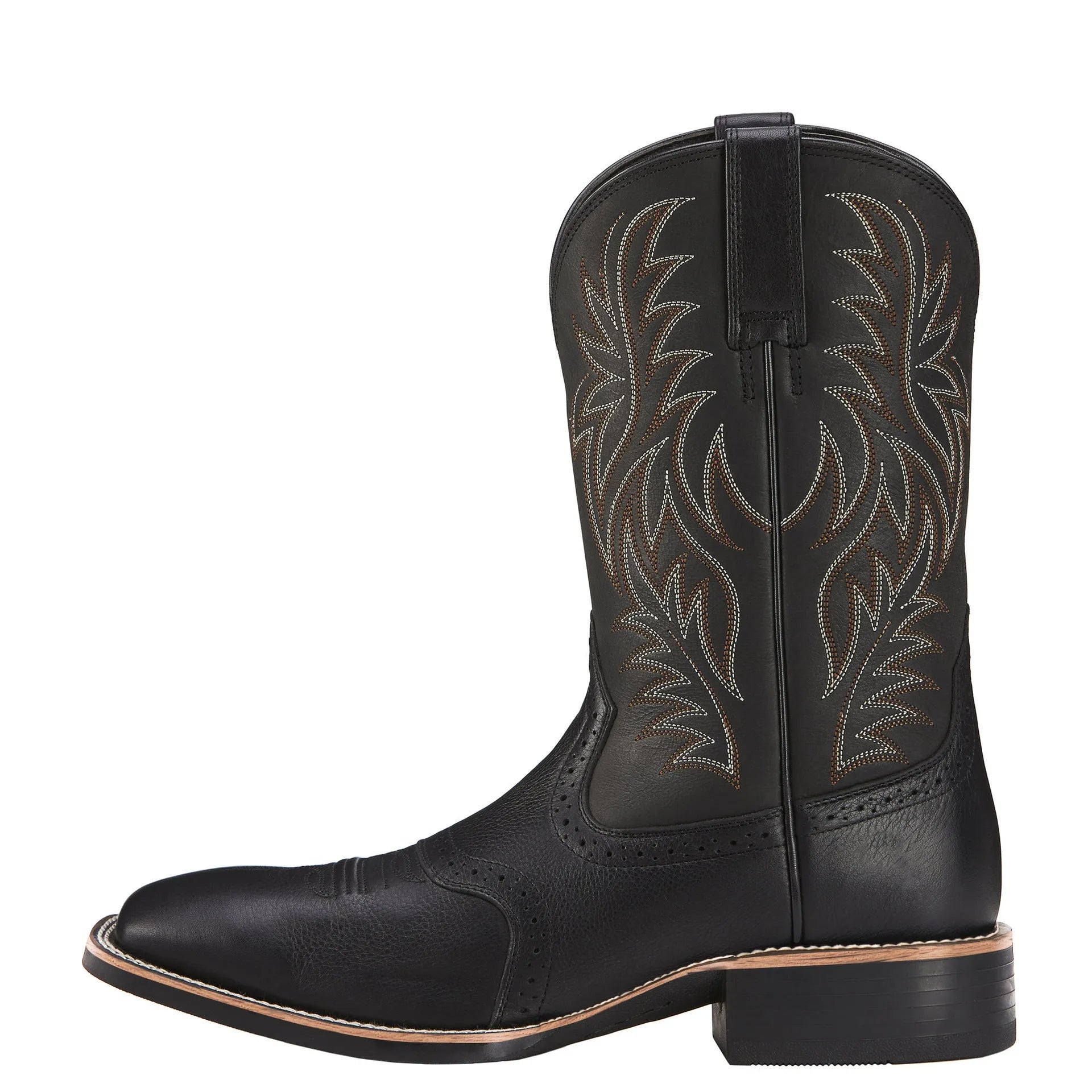 Men's black embroidered Western cowboy boots with wide square toe and low heel.