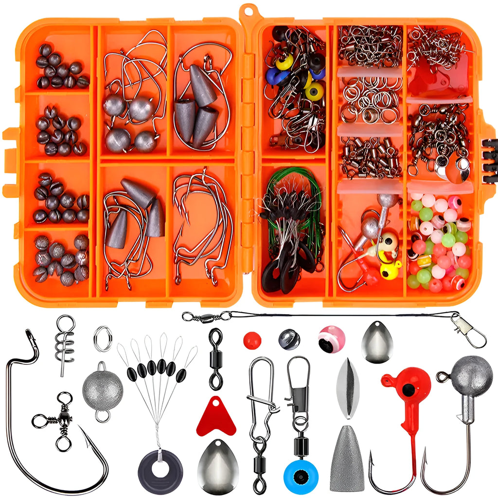 Weihe 257-piece fishing lure accessories kit in orange or black ABS organiser box.