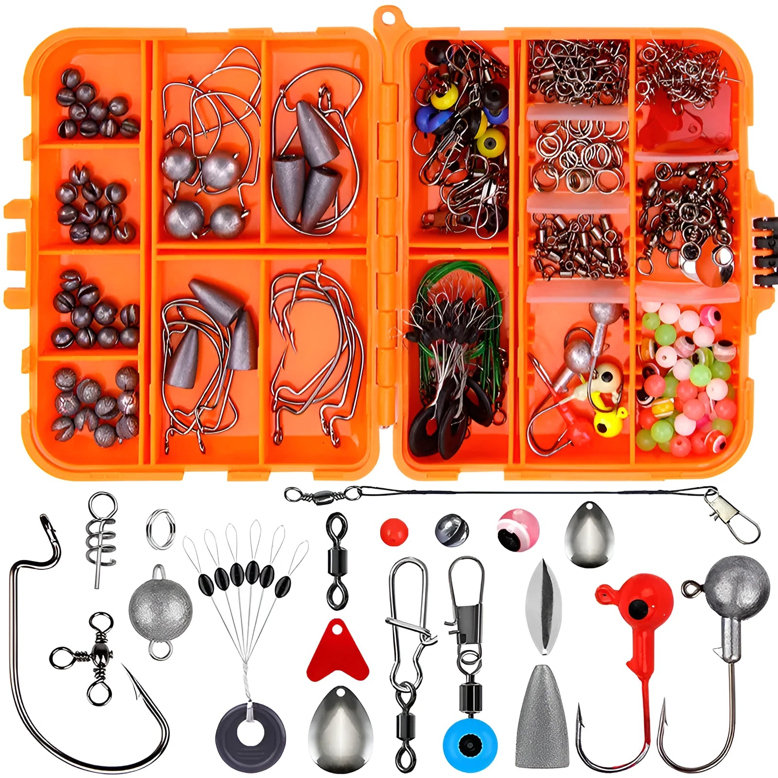 Weihe 257-piece fishing lure accessories kit in orange or black ABS organiser box.