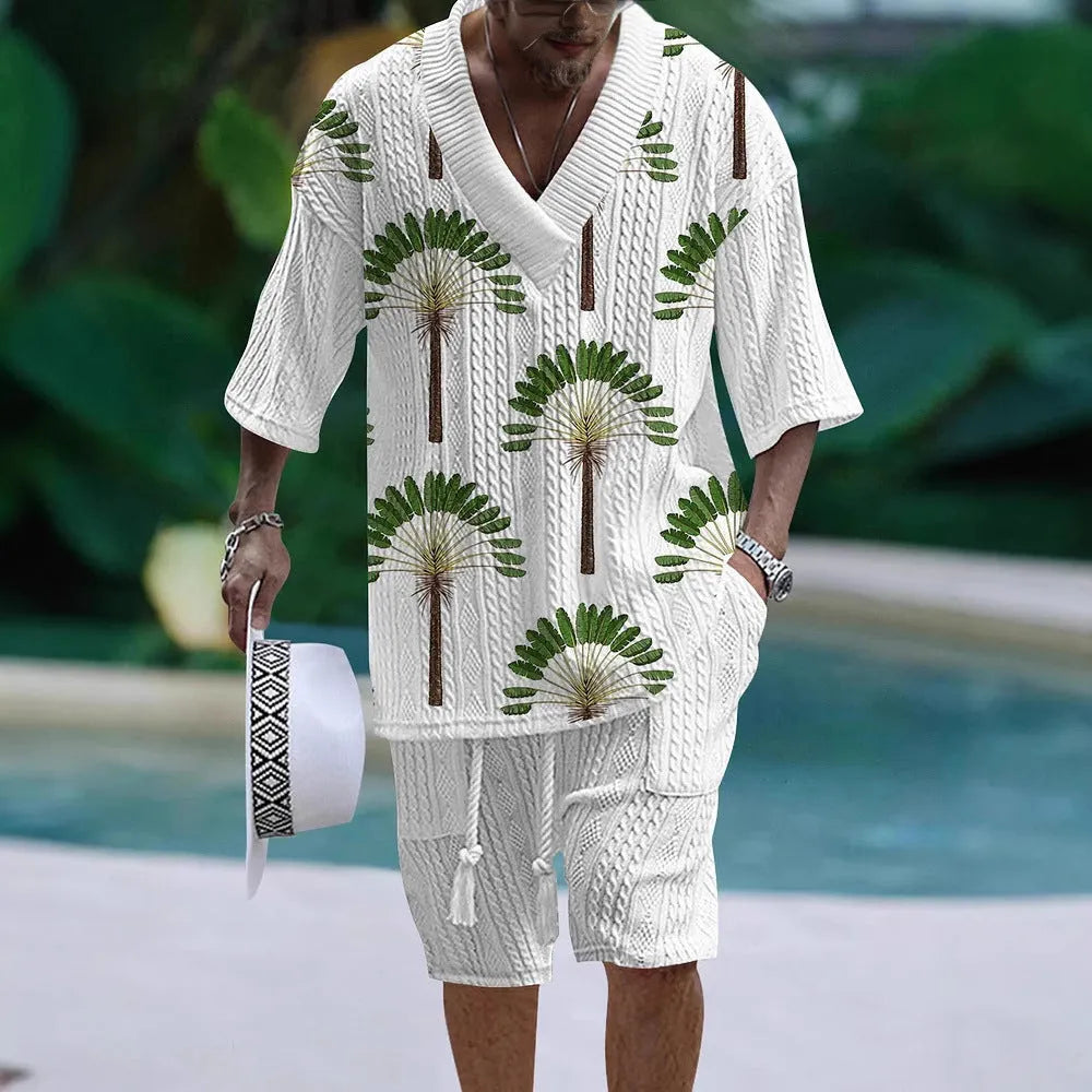 Men's loose casual short sleeve suit with matching shorts in polyester fibre