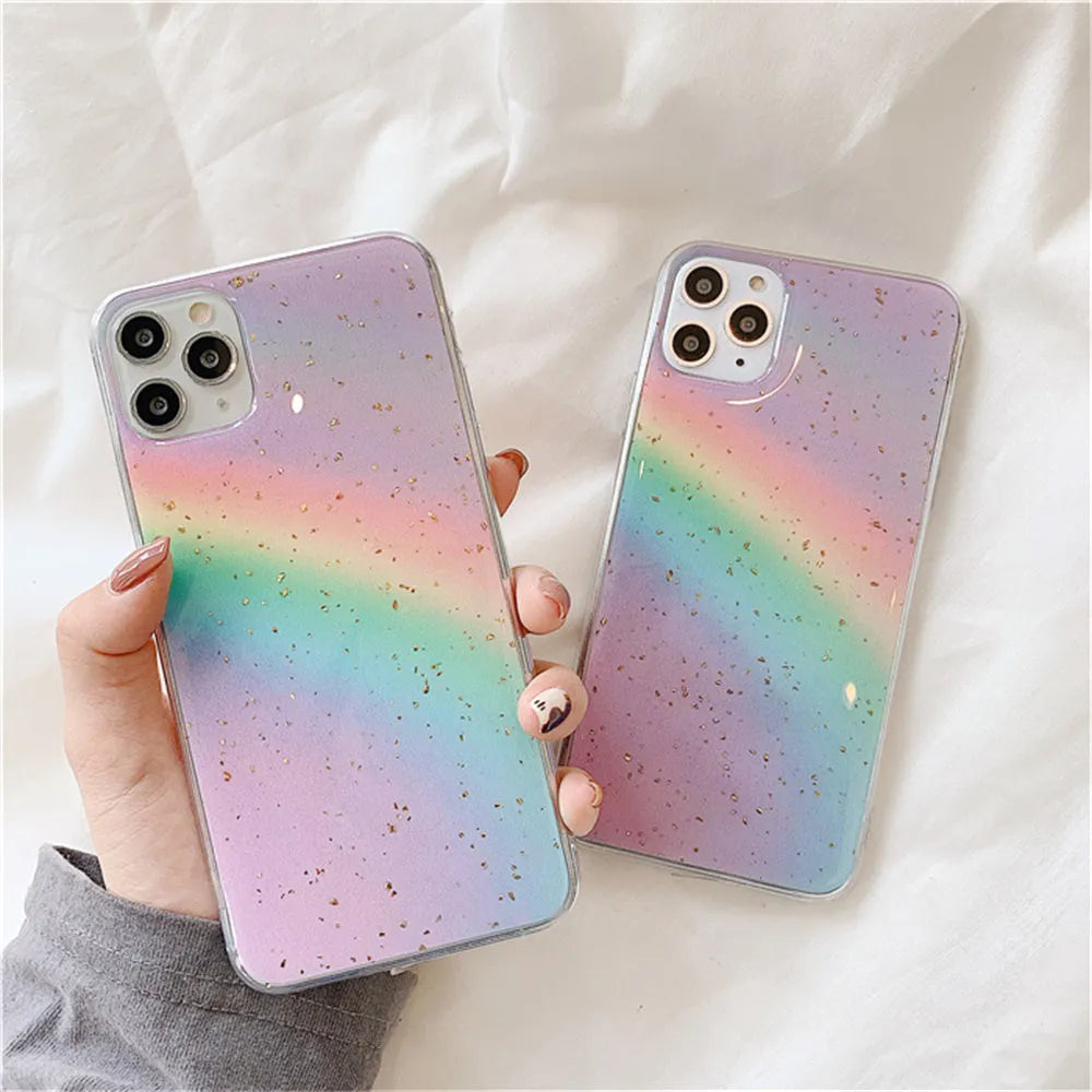 Rainbow gradient iPhone case with colourful stripe patterns on TPU protective cover