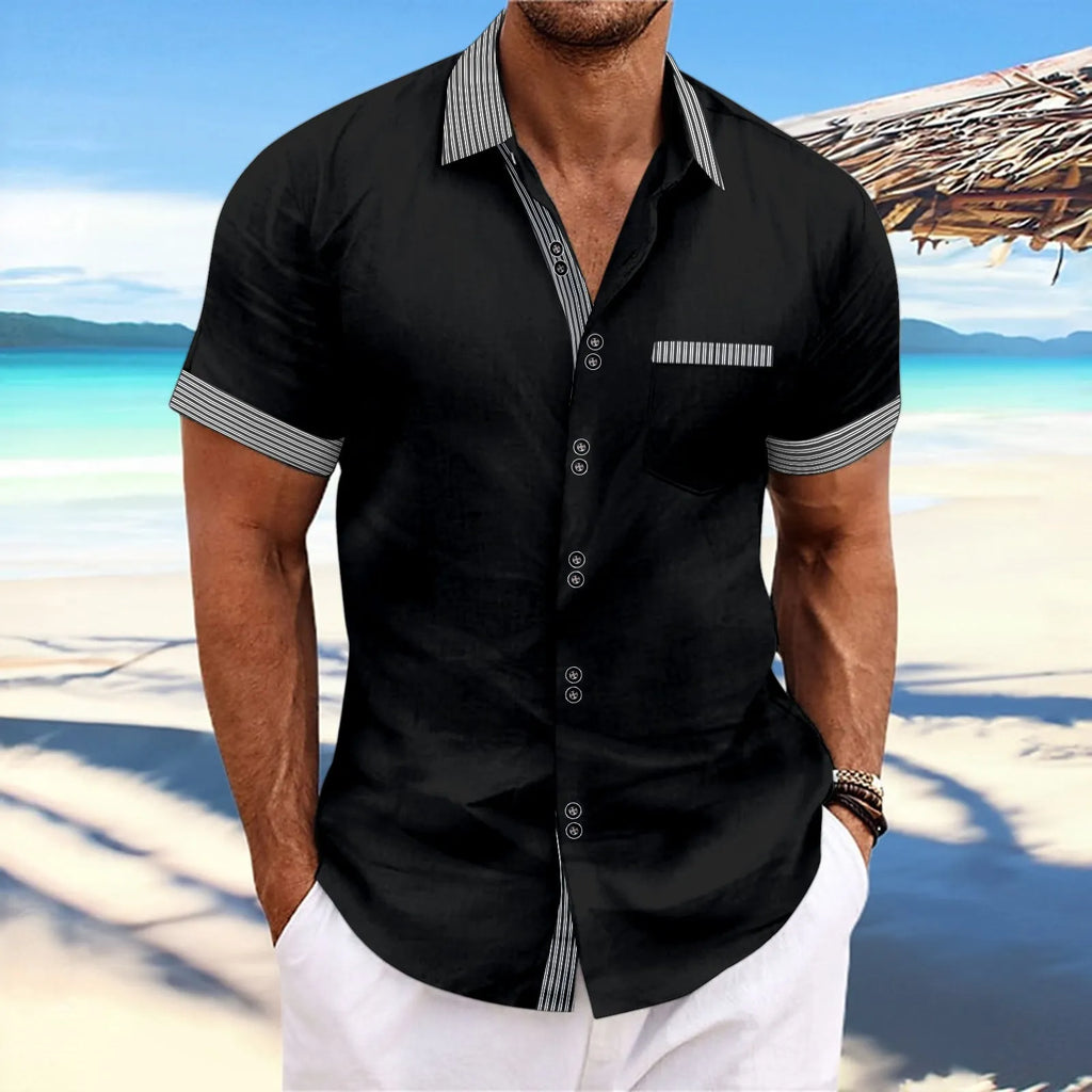 Men's slim fit striped short sleeve casual shirt in pure cotton on a hanger.
