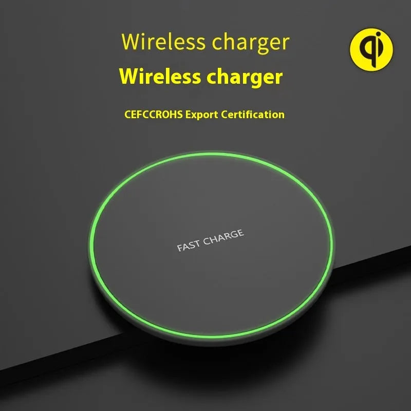 Ultra-thin round wireless charger in white with Type-C cable, 15W fast charging pad for desktop