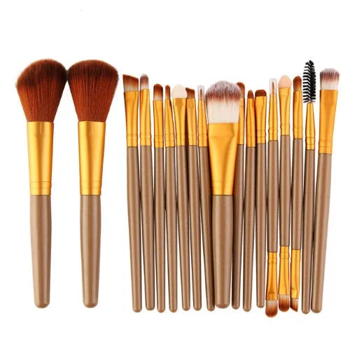 MAANGE 18 piece makeup brush set with fan brushes open next to its black roll-up case.
