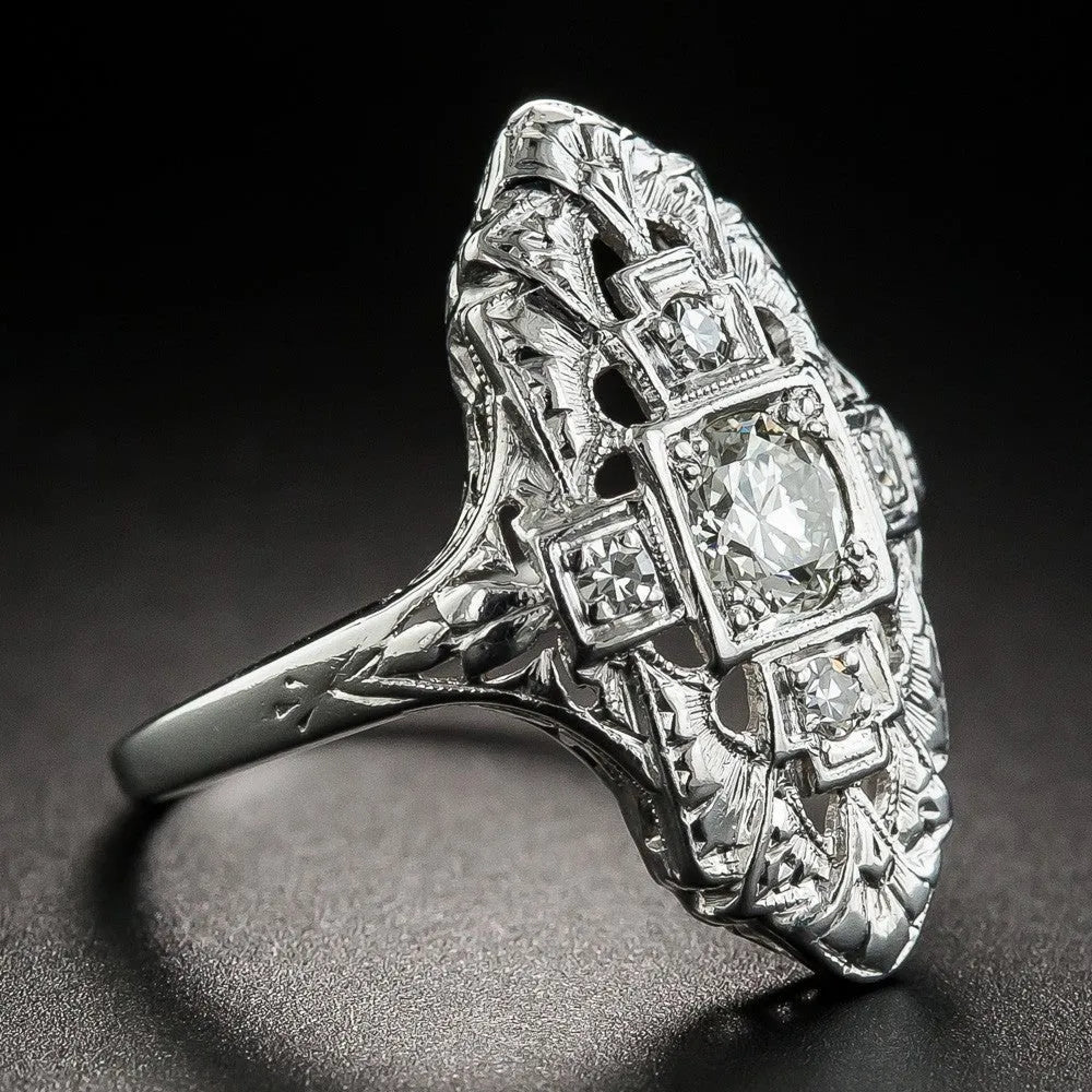 Geometric hollow out copper ring with diamond accents in electroplated silver finish