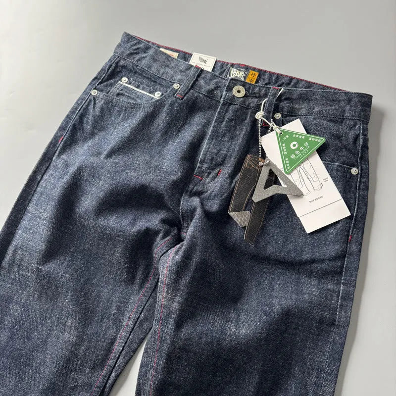 Men's straight leg denim jeans in primary colour blue with mid waist and traditional American retro styling