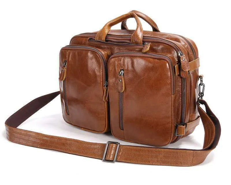 Men's black oily leather cowhide genuine top layer multi-functional bag with front zipper compartments 39cm 28cm 14cm