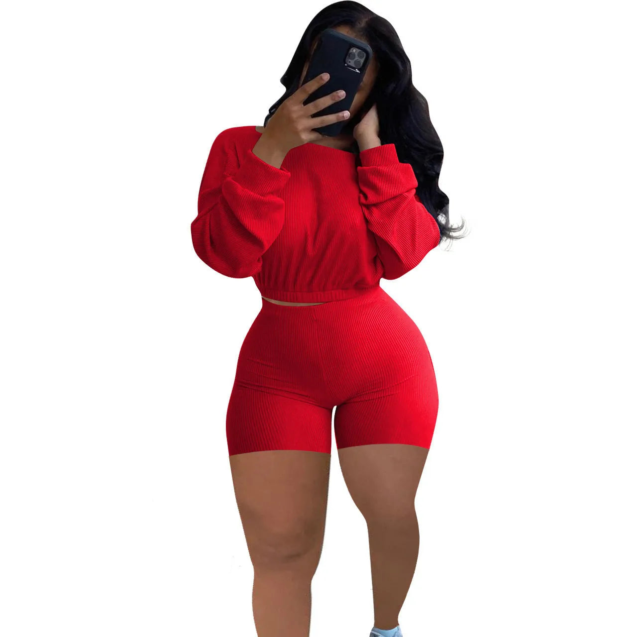 Women's off-the-shoulder long sleeve top and matching shorts in a sunken stripe solid colour two-piece set.