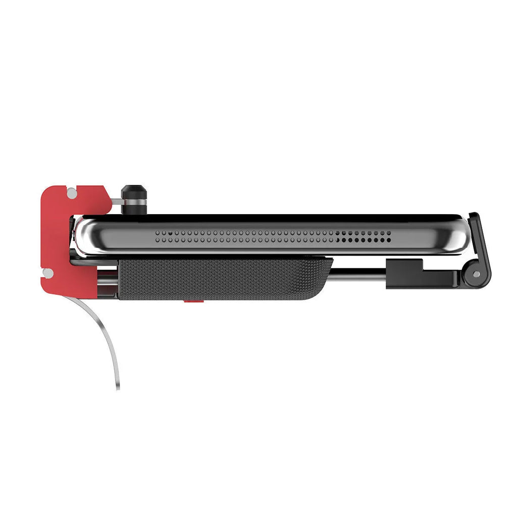 Black mobile gaming phone mount bracket with an extended metal trigger and telescopic clamping clip.