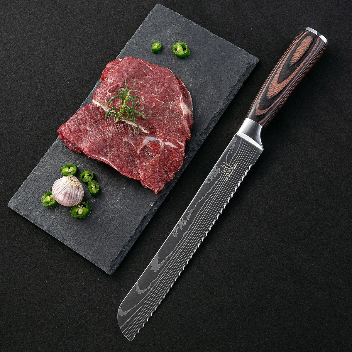 Chef knife set with 7CR17 steel blade, laser Damascus pattern, 18cm length, colour steel handle