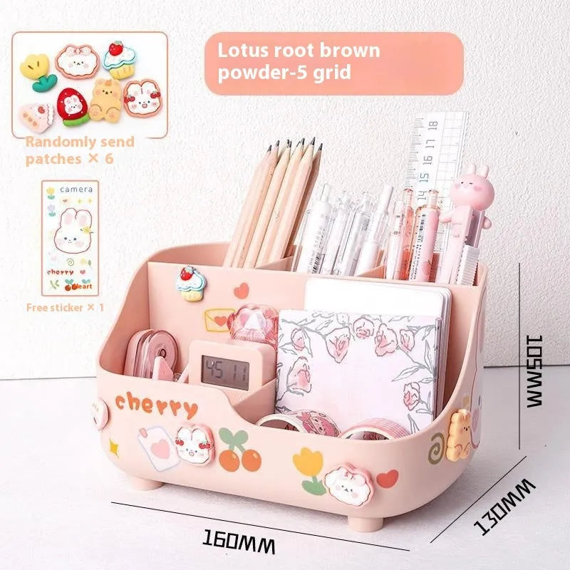 Student desktop pencil case plastic 5-grid storage box in milky white with stickers and patch