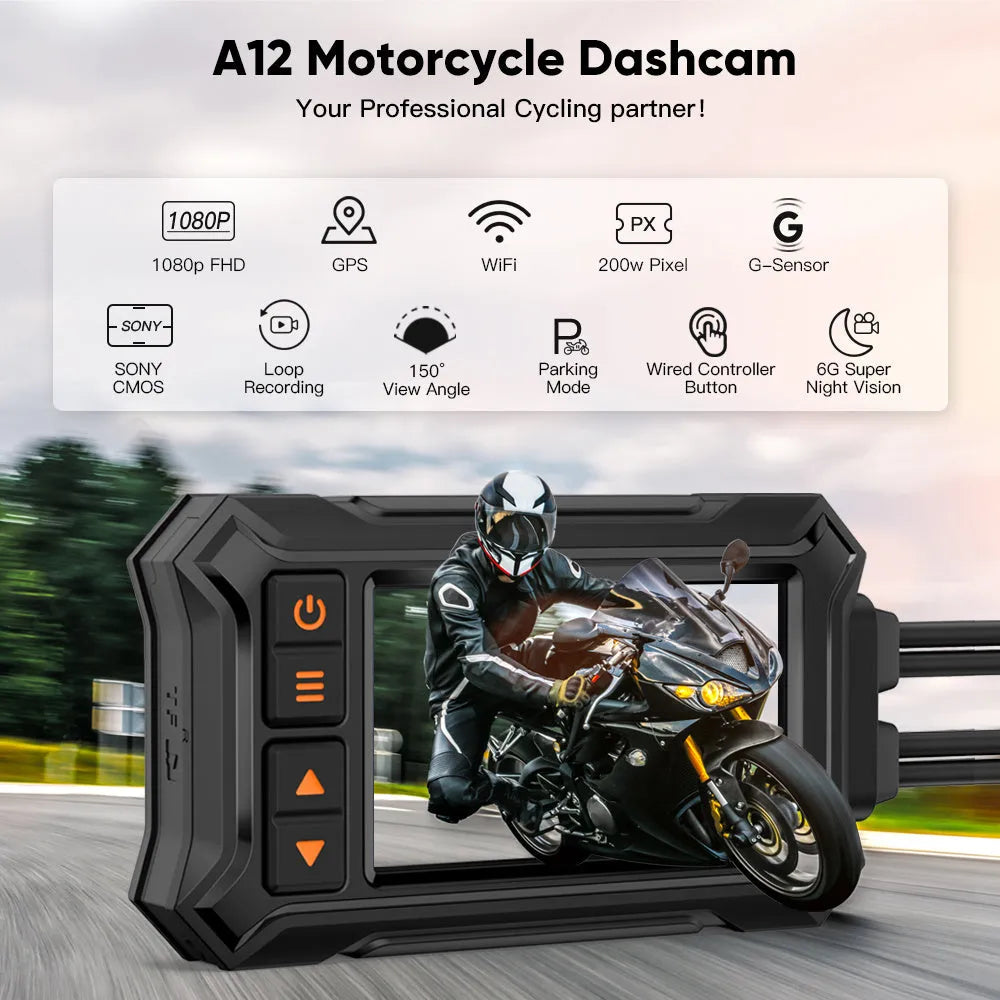 Motorcycle dash cam with dual lenses, 3-inch display, and waterproof housing for front/rear recording