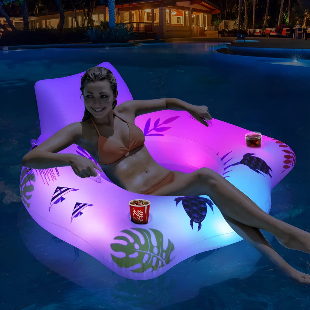 White PVC inflatable U-shaped seat float with glowing edges on water.