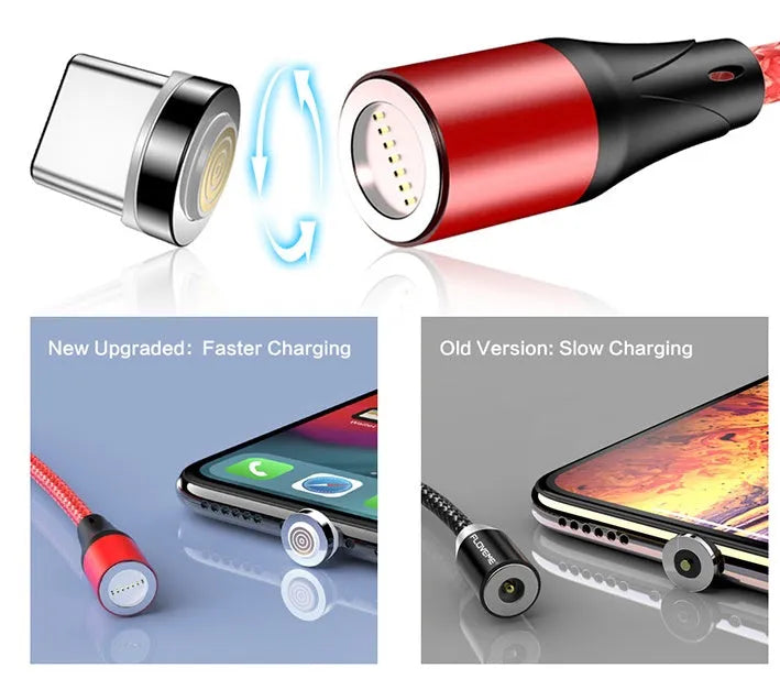 Black magnetic data cable with USB-C connector and side LED light, laid flat next to its aluminium foil packaging.