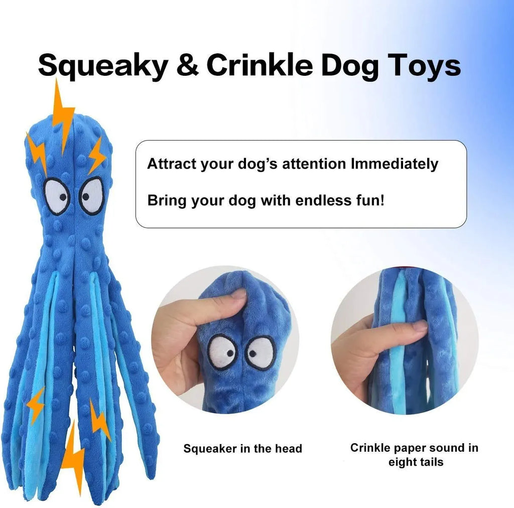 Blue no stuffing octopus squeaky toy with crinkle paper and BB call for dogs, made from crystal soft mesh, 32cm long