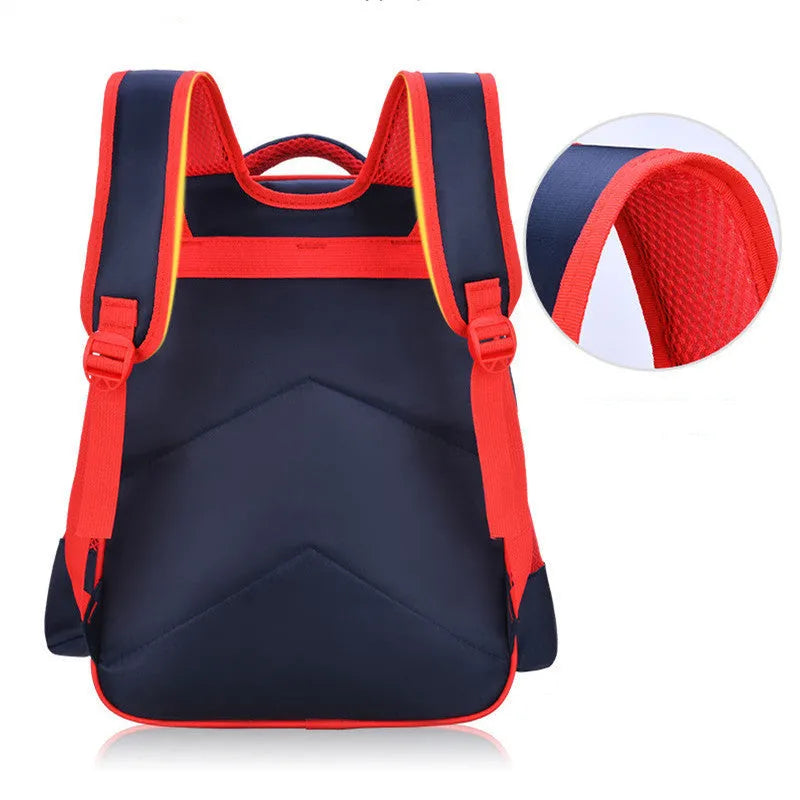 Blue children's nylon backpack with cartoon print, shown with included pencil case.
