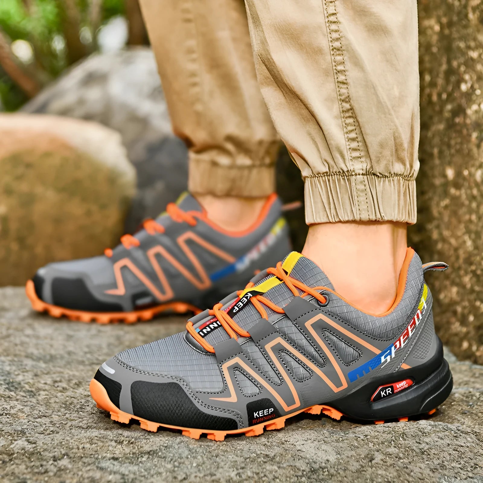 Men's grey orange plus size casual running shoes with low-top design and rubber soles