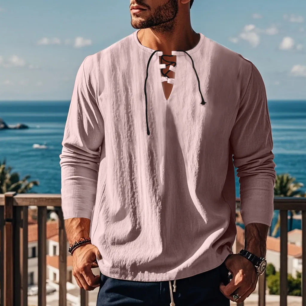 Solid colour cotton linen beach ruff shirt in loose fit pullover style