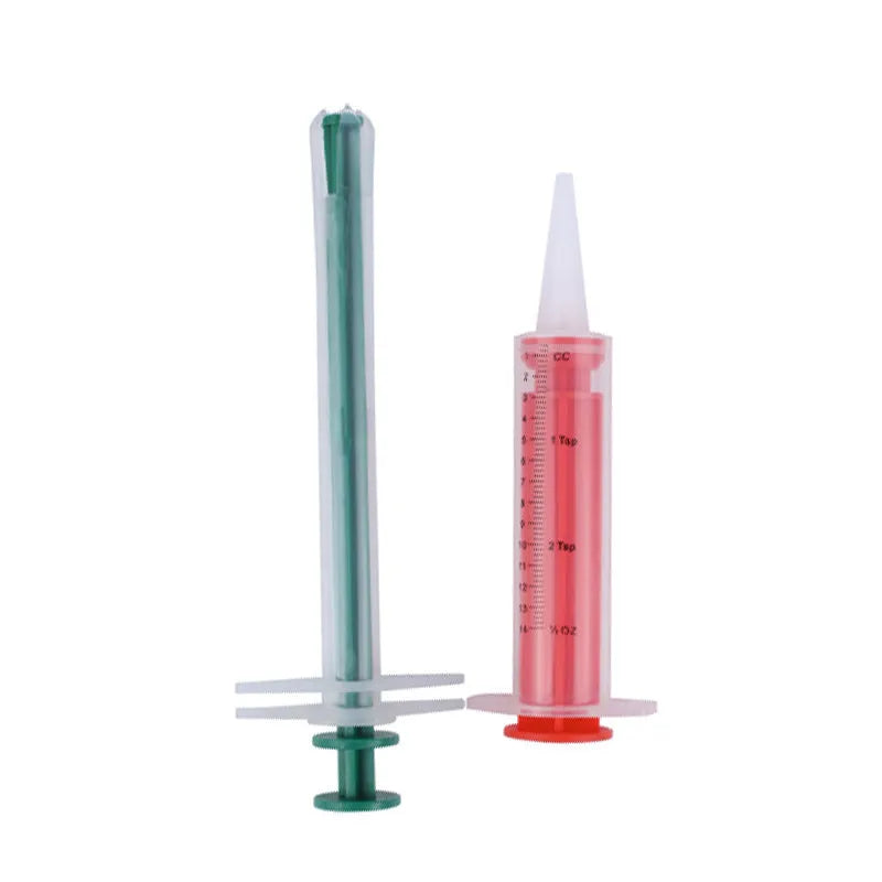 Two silica gel pet pill shooters with soft tips for administering medicine to cats and dogs.