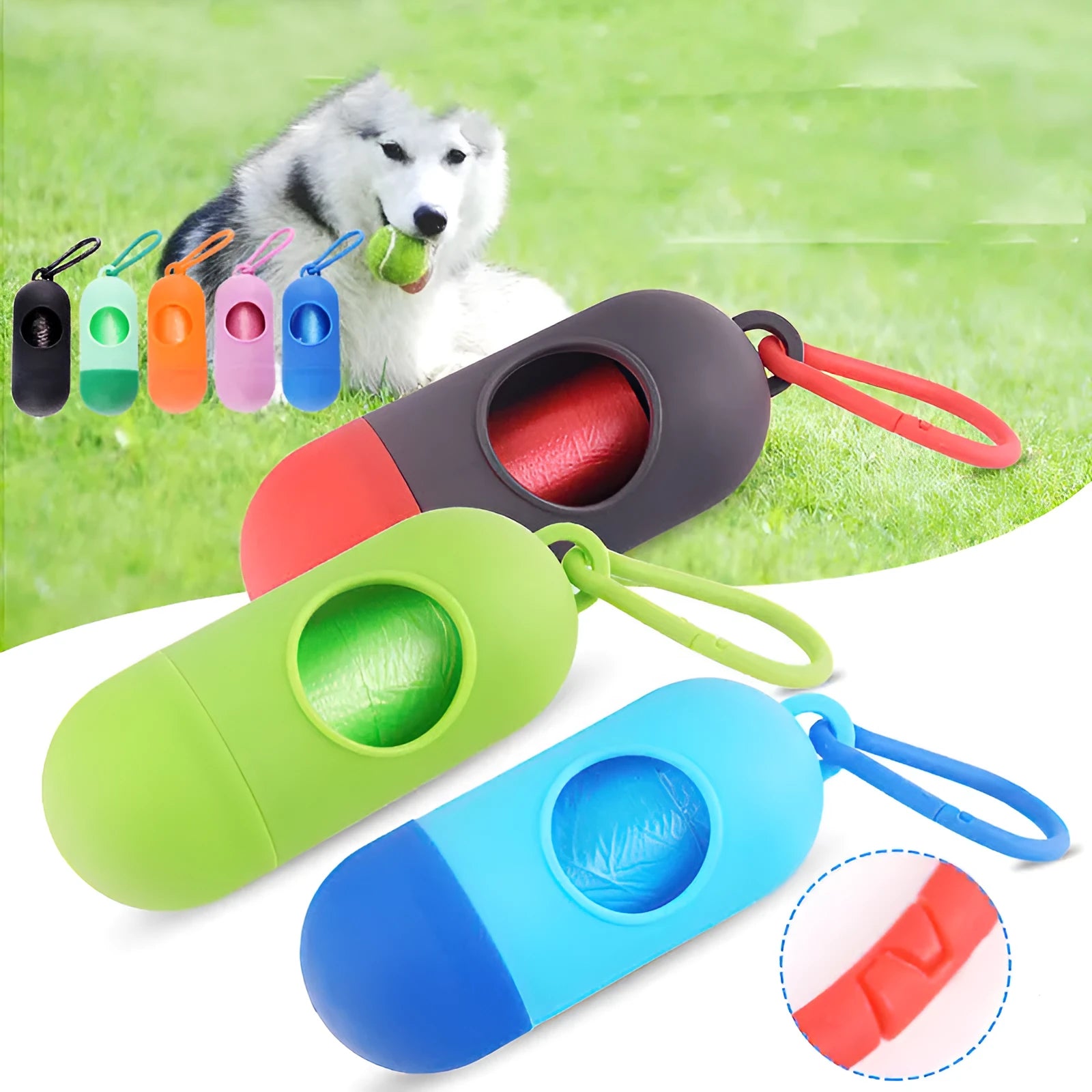 Compact dog waste bag holder with Velcro fastener and hook attachment in assorted colours