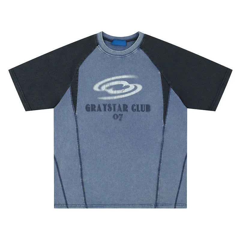 Blue men's hip hop letter print cotton t-shirt with raglan sleeves in loose fit style