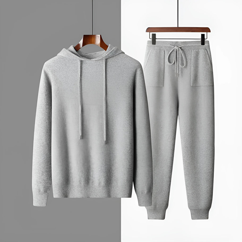 Men's light grey cashmere hooded sweatshirt and trousers two-piece set