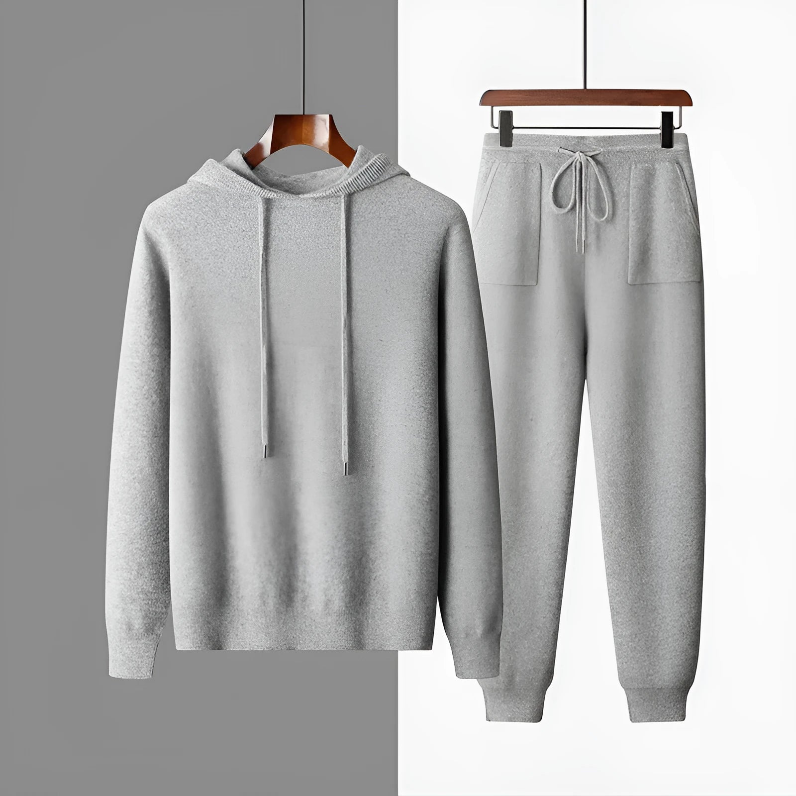 Men's light grey cashmere hooded sweatshirt and trousers two-piece set