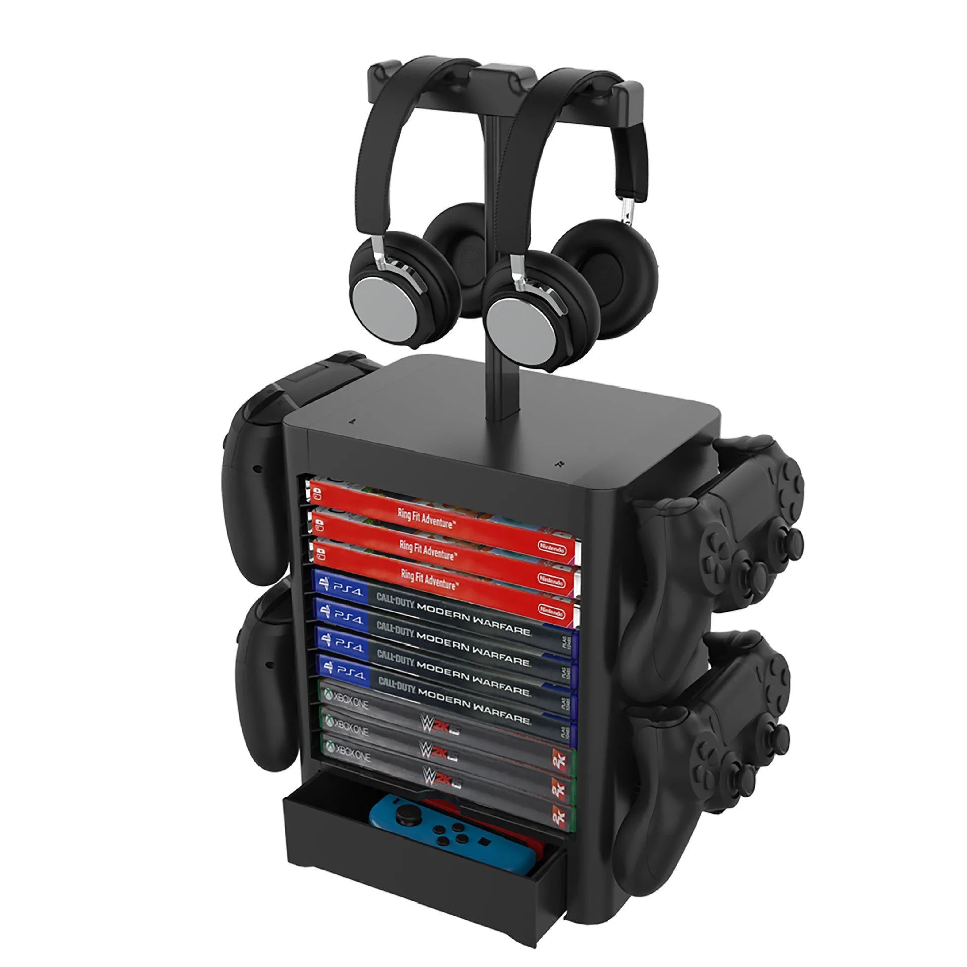 Black ABS game console storage rack with drawer and controller hangers for PS5 Xbox Switch