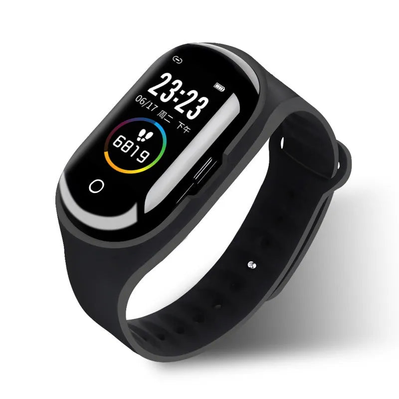 Smart bracelet with integrated wireless earphones in silicone wristband showing 1-inch screen