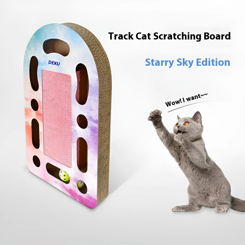 Brown corrugated cat scratch board with attached ball measuring 50.5x30.5x6cm