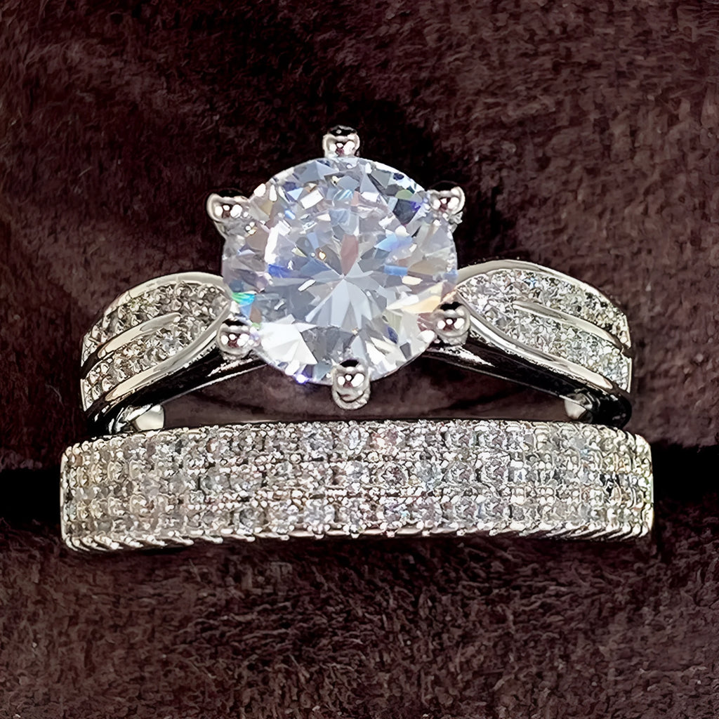 Geometric white gold colour wedding ring bracelet with round detail, shown in size options 5 to 11
