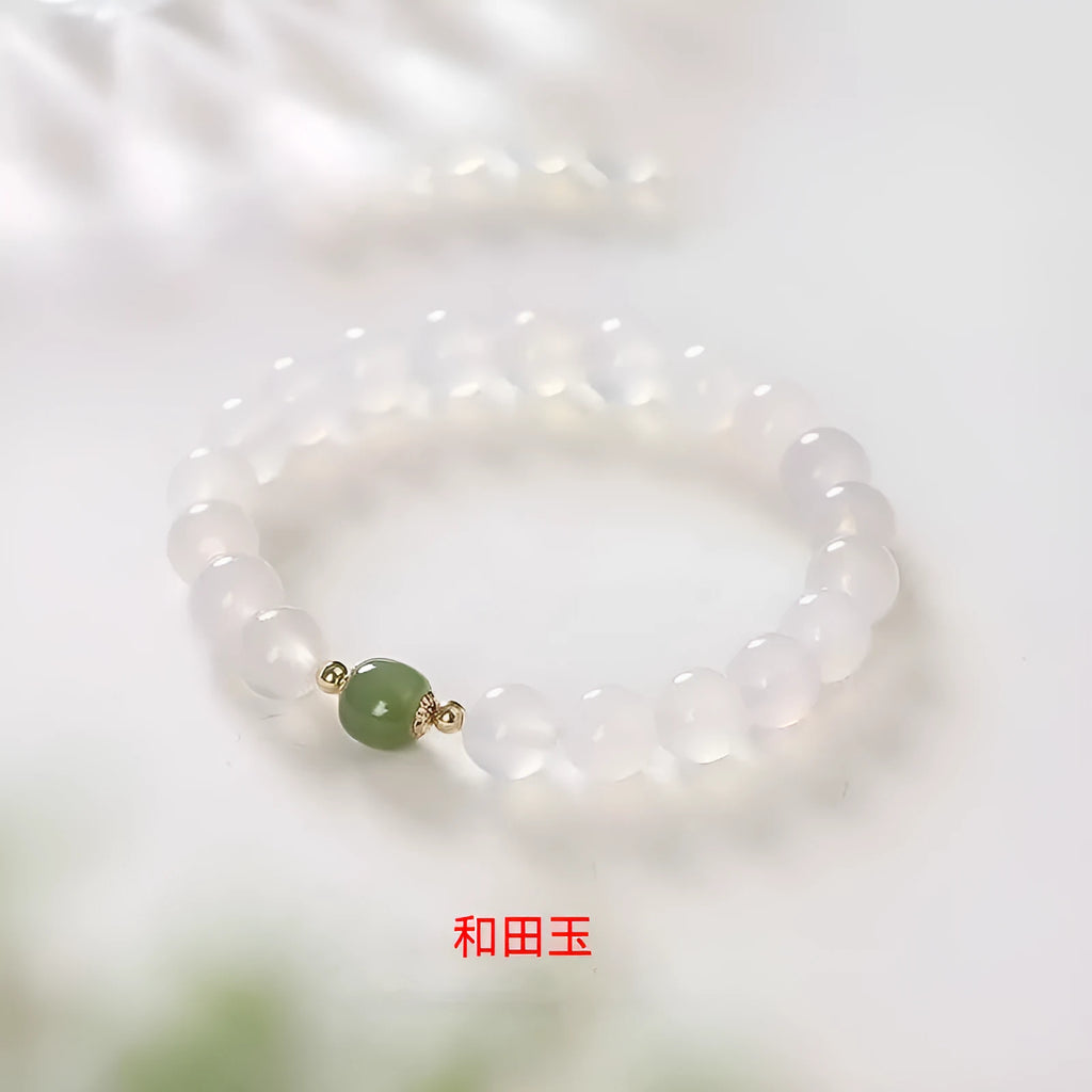 Natural white agate crystal bracelet with cinnabar inlay and lettering text on 8mm beads