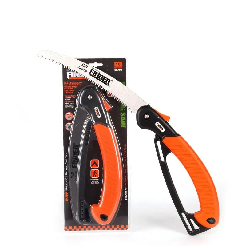 Folding garden hand saw with a 230mm steel blade and black TPR handle, shown both open and closed.