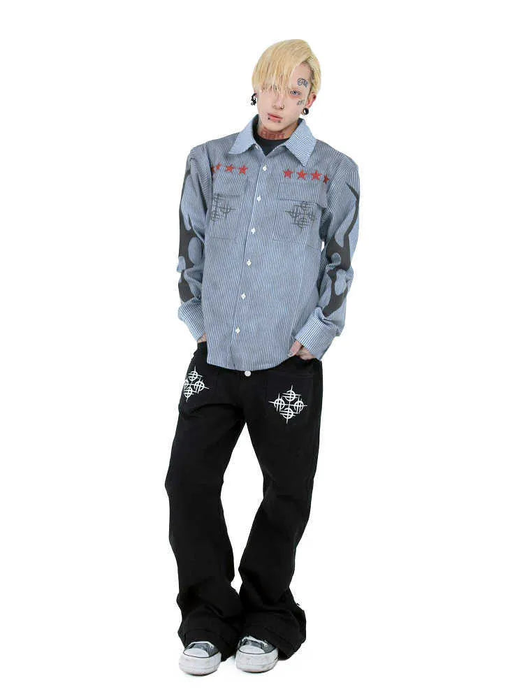 Washed blue striped leisure shirt for men with long sleeves and lapel collar on a hanger
