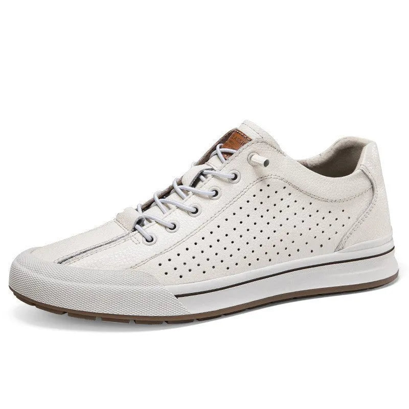 Men's white leather casual trainers with round toe and flat heel on size chart