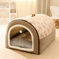 Oxford cloth dog kennel house in brown printed finish with cushioned interior for indoor use