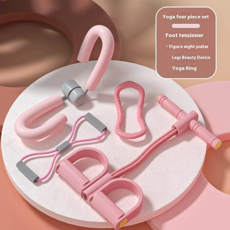 Yoga four piece set with leg stretching device, yoga ring, pedal tensioner and figure eight tension rope