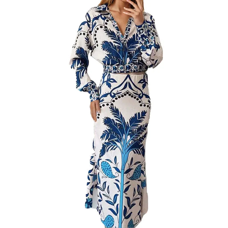 Women's early spring floral print two-piece co-ord set with long sleeve top and matching long skirt