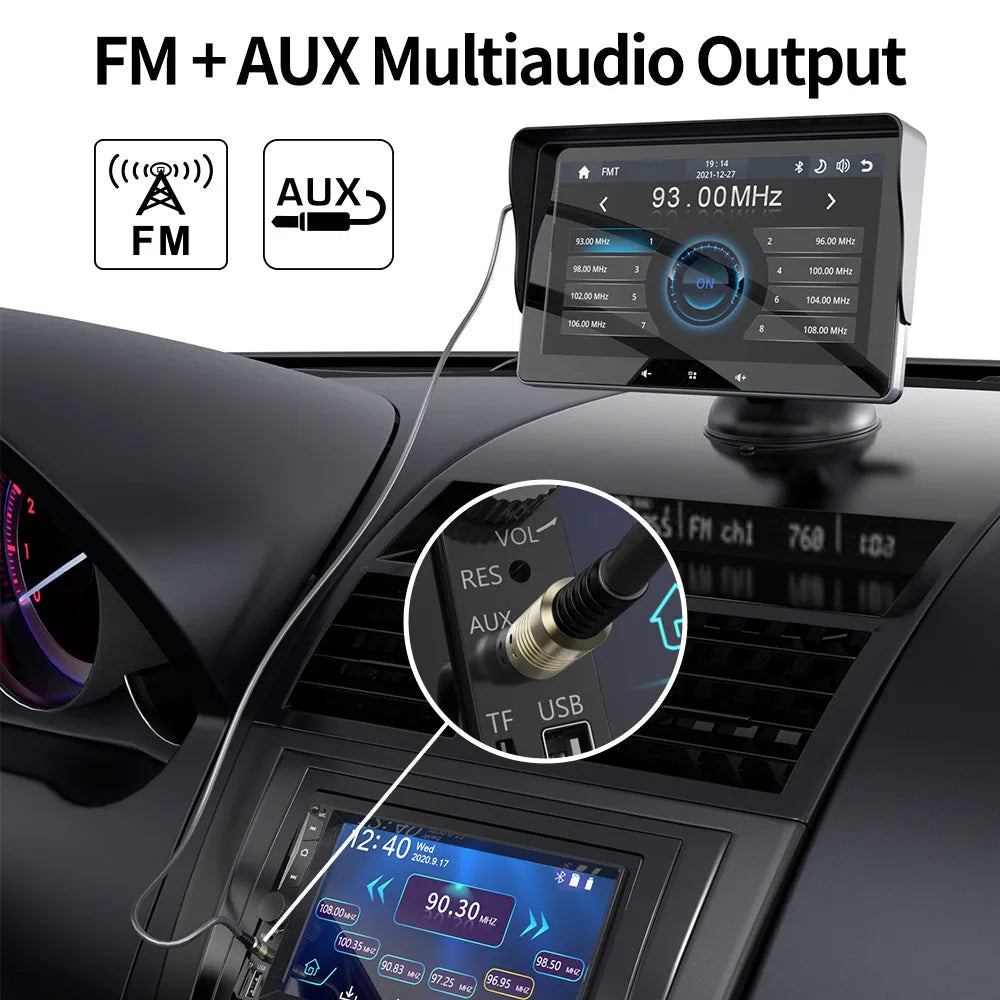 7-inch car wireless CarPlay display with suction cup mount and cigarette lighter power interface