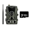 Outdoor camouflage surveillance camera with wide-angle lens on a mounting bracket.