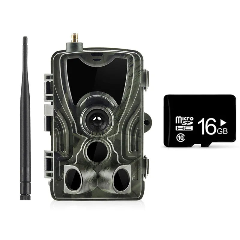 Outdoor camouflage surveillance camera with wide-angle lens on a mounting bracket.