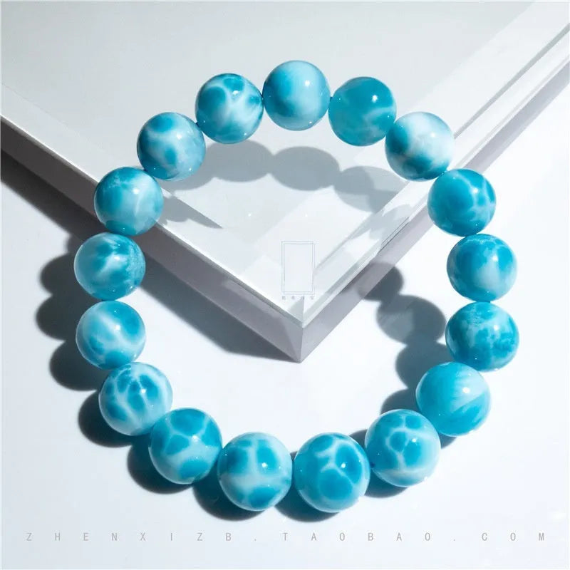 Blue natural crystal sea-pattern stone bodhi bracelet with pearl elements in Maillard style unisex design